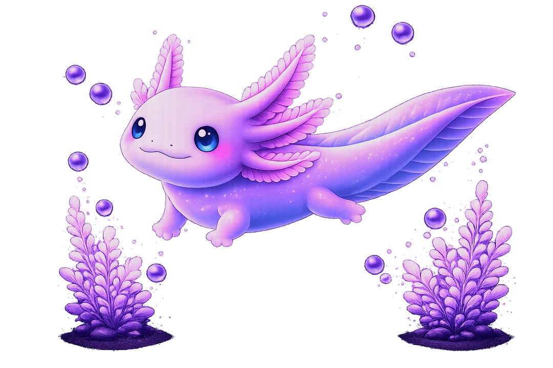Smiling axolotl swimming dark
